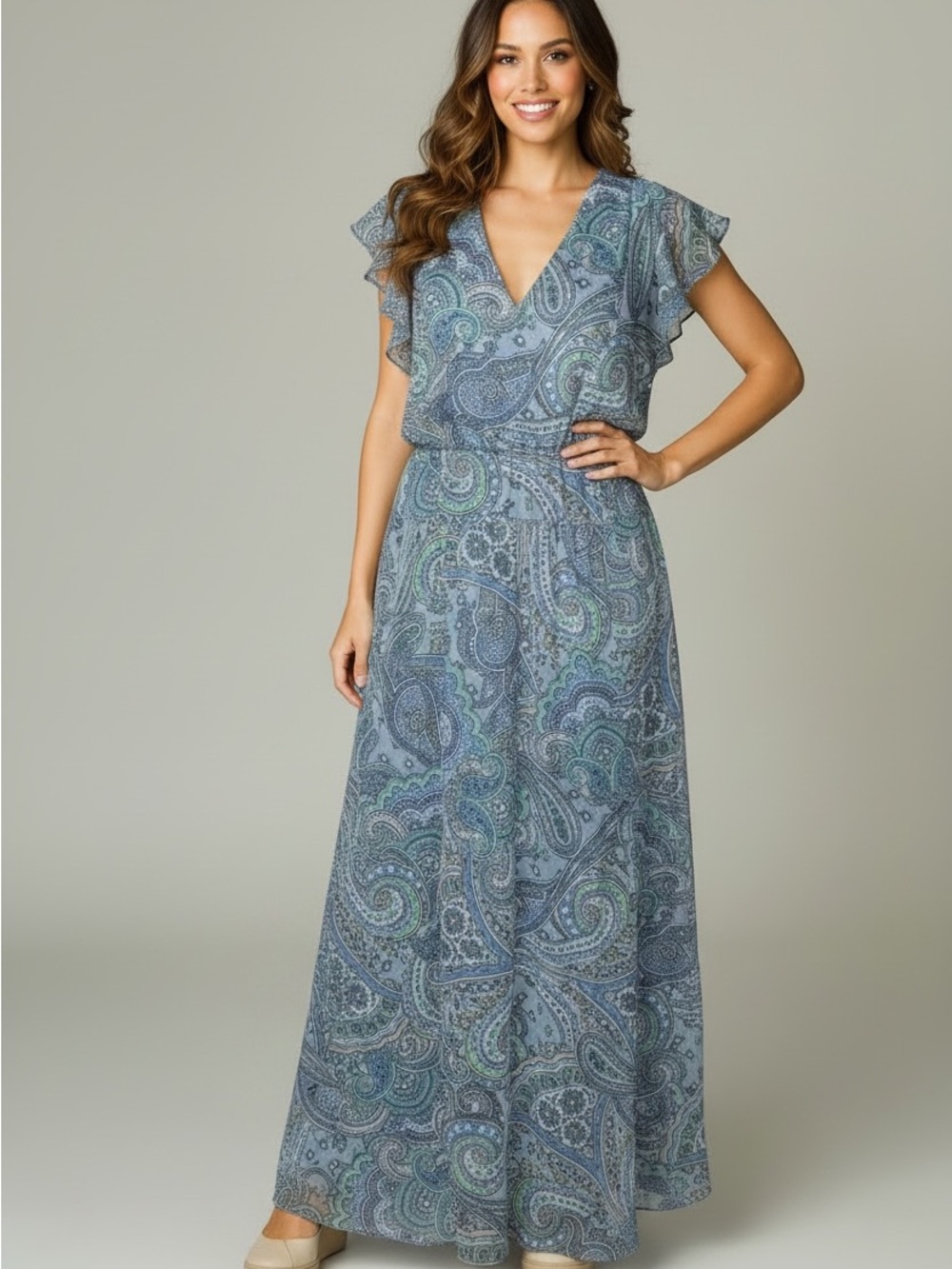 Harper Rose Blue Floral Paisley Maxi Dress V-Neck Short Sleeve Size 10 Retro 70